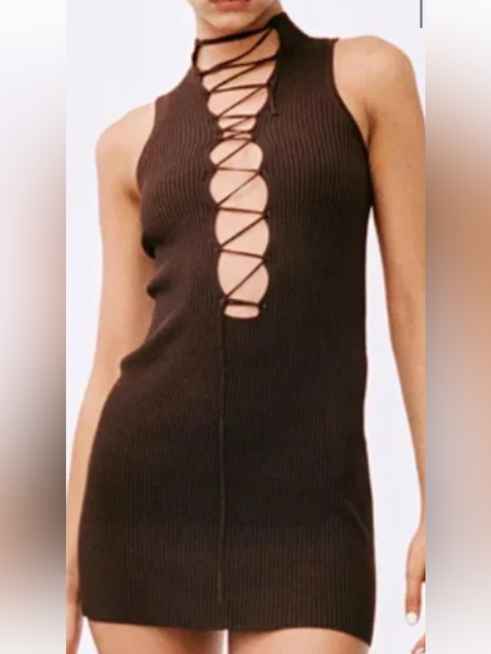 With Jean Brown Ribbed Lace-Up Tank Dress